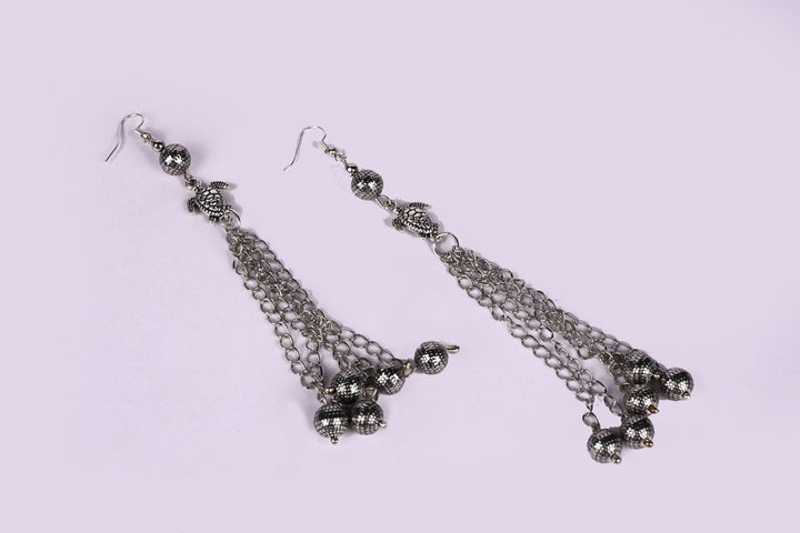 Metal Earring Made Of Metal Balls, Turtle Shaped Beads Syled With Multi Layered Metal Chain With Metal Balls Hanging