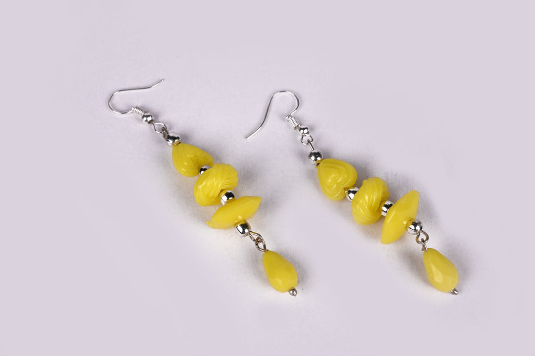 Yellow Colored Multi Shaped Beads Earring Strung In Metal Wire