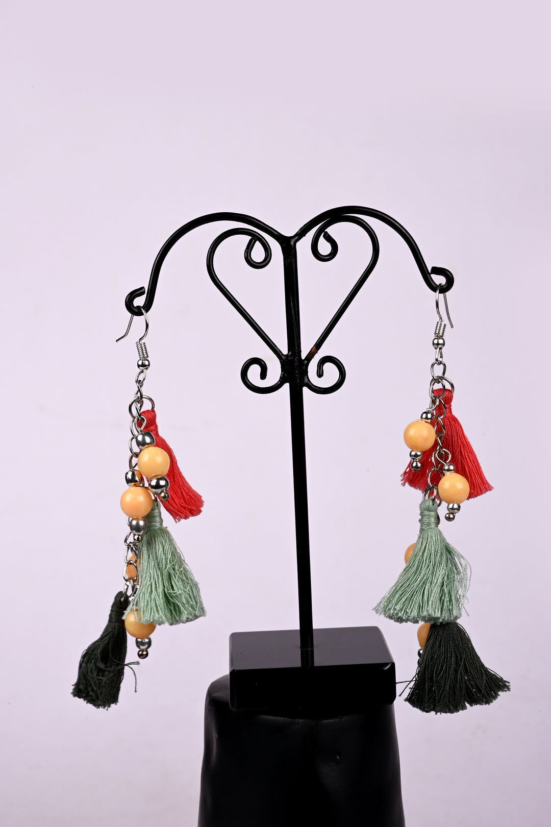 Tri Color Tassel Earring Strung In Metail Chain And Styled With Metal & Glass Beads