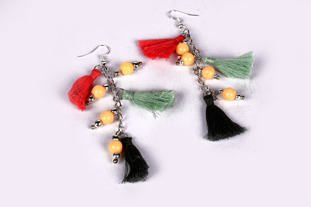 Tri Color Tassel Earring Strung In Metail Chain And Styled With Metal & Glass Beads