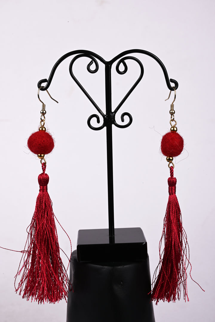 Beautiful Earring Made Of Red Felt Ball & Red Tassel Strung In Metal Wire