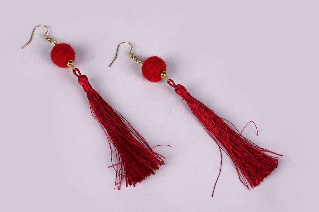 Beautiful Earring Made Of Red Felt Ball & Red Tassel Strung In Metal Wire