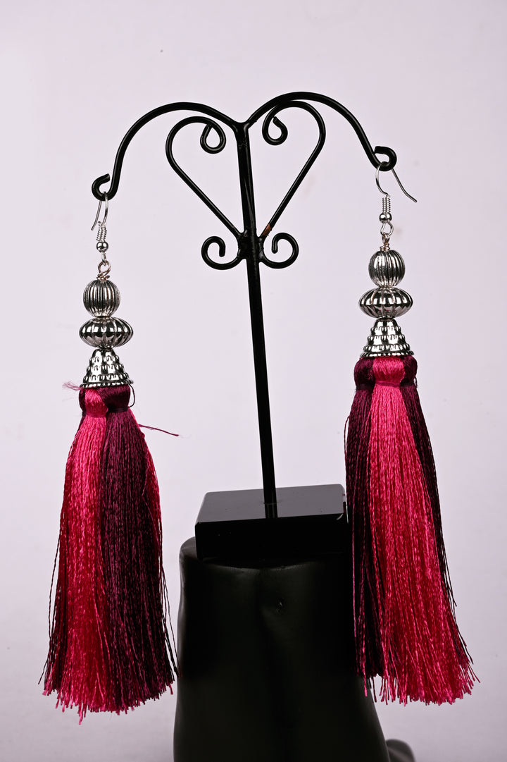 Maroon & Pink Tassel Earring Strung With Metal Polished Beads