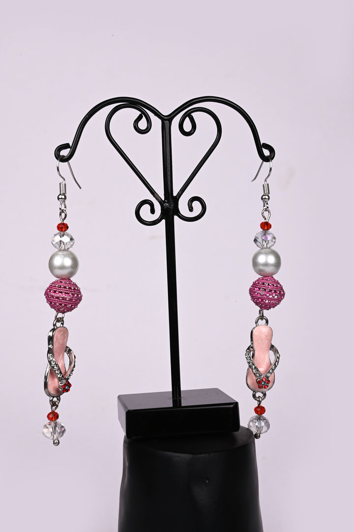 Beautiful Earing Containing Pearl Beads, Multi Faceted Glass Beads, Metal Balls Along With Slipper Shaped Metal Charms