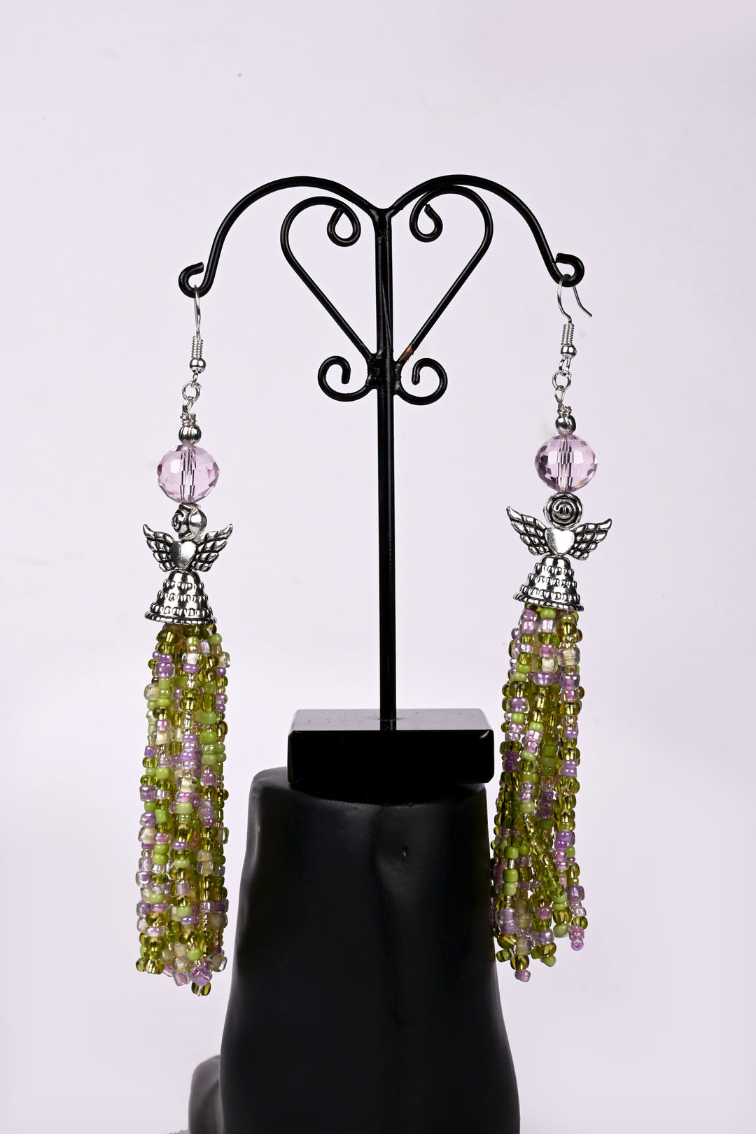 Beautiful Earring Made Of Metal Charms & Faceted Pink Glass Beads & Styled With Multi Layered Multi Colored Glass Seed Beads At The Bottom