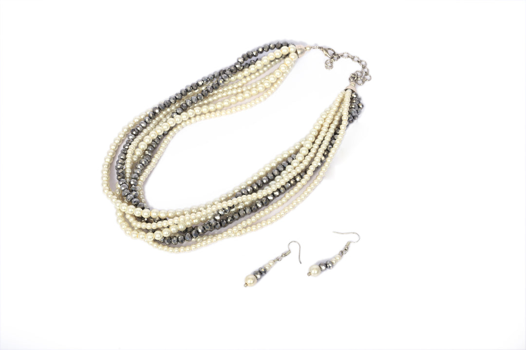 Multi Layer Glass Bead Necklace with faceted silver polish beads