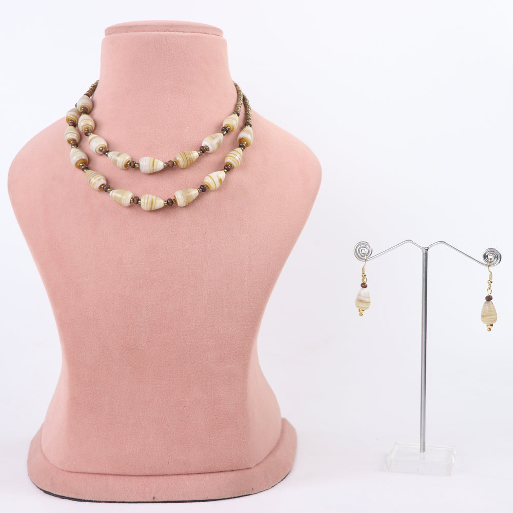 Delemon cream and beige swirl patterned oval bead double-strand necklace