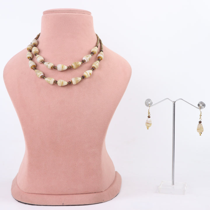 Delemon cream and beige swirl patterned oval bead double-strand necklace