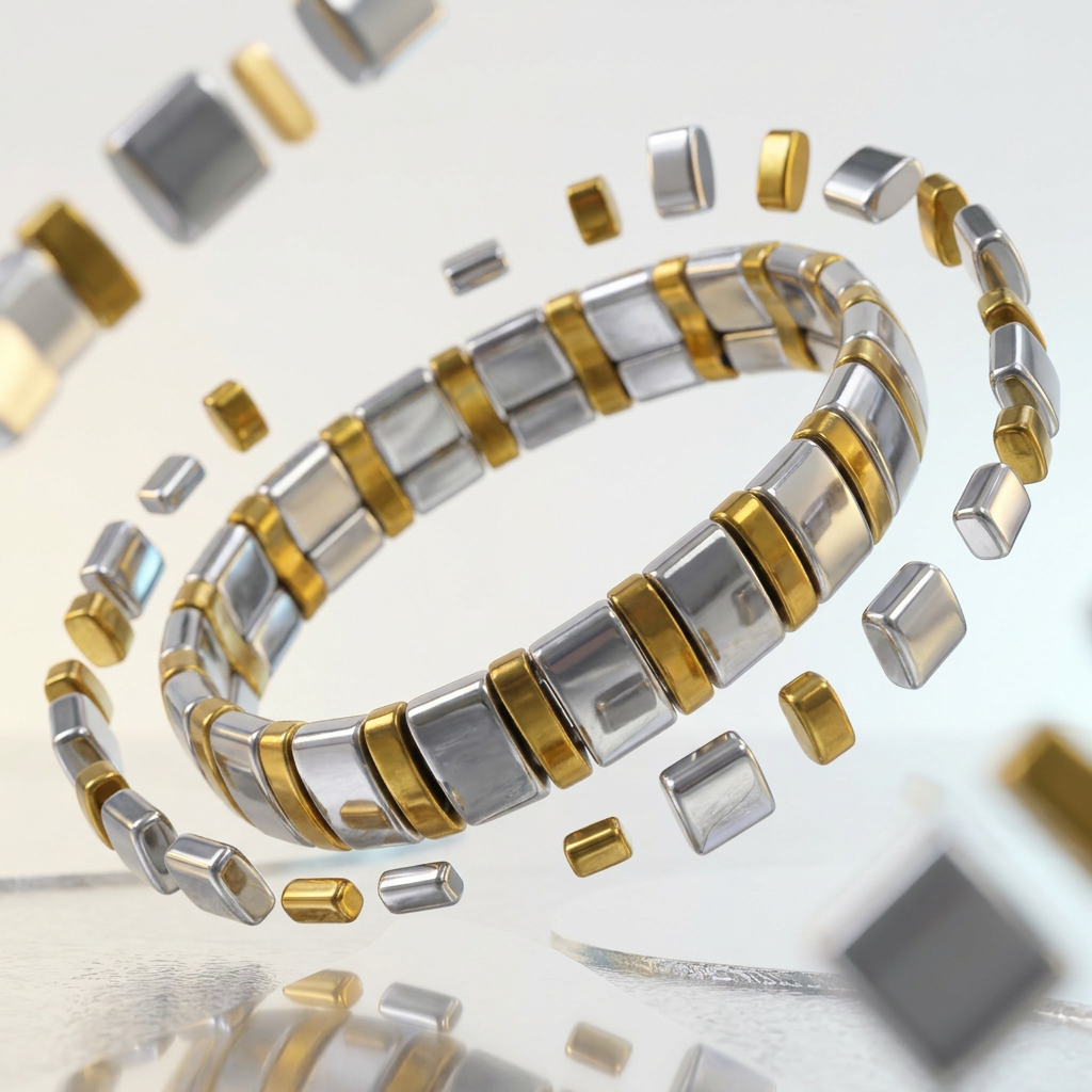 Delemon featuring a uniform two-tone stretch bracelet alternating polished silver-grey hematite blocks with slim gold metallic spacer beads