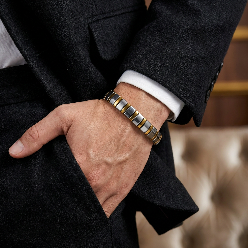 Delemon featuring a uniform two-tone stretch bracelet alternating polished silver-grey hematite blocks with slim gold metallic spacer beads