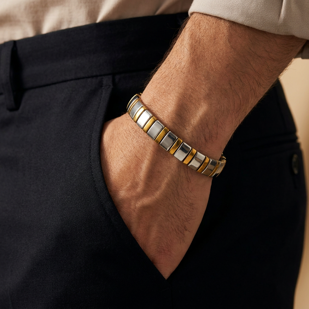 Delemon featuring a uniform two-tone stretch bracelet alternating polished silver-grey hematite blocks with slim gold metallic spacer beads