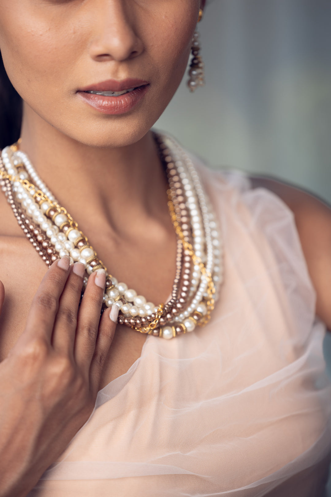 Multi layer Glass Bead Necklace with Golden Charms