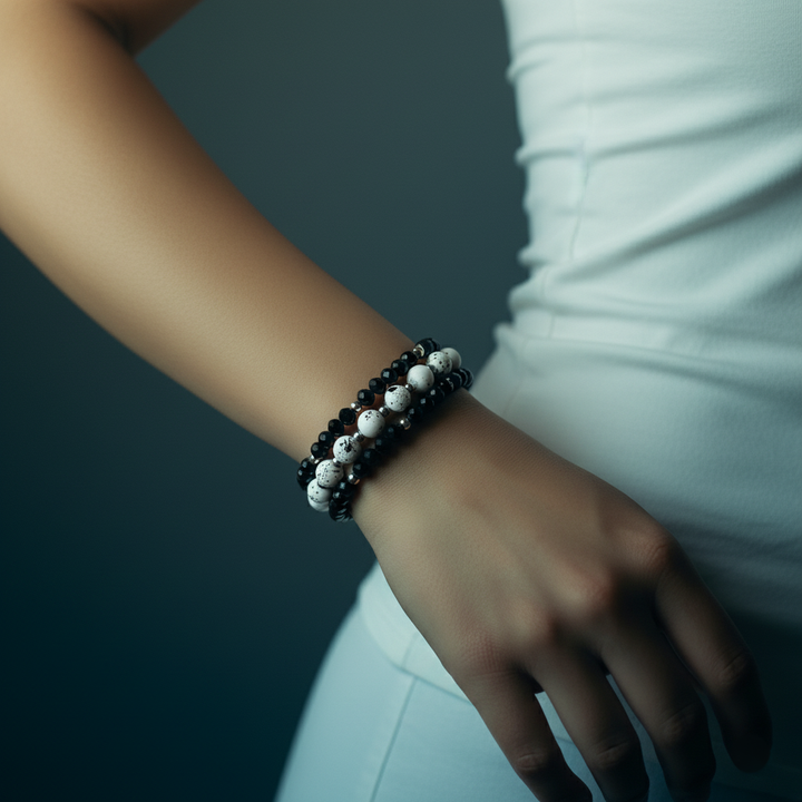 Chic Black Faceted Glass & White Speckle Stone Stackable Bracelet Set of (3)