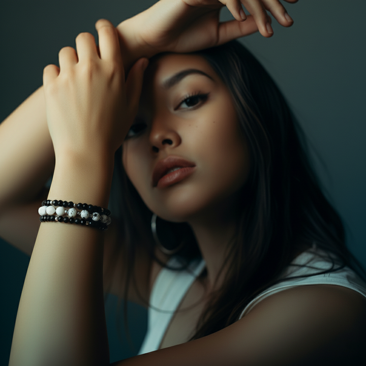 Chic Black Faceted Glass & White Speckle Stone Stackable Bracelet Set of (3)