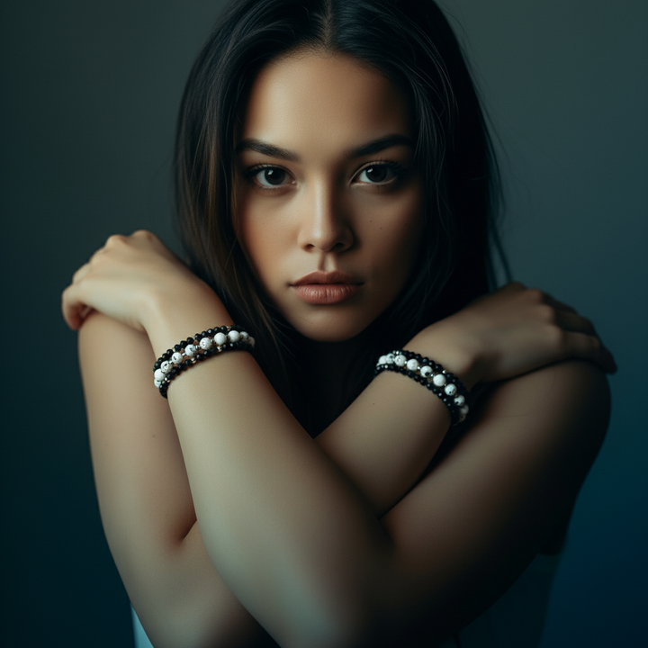 Chic Black Faceted Glass & White Speckle Stone Stackable Bracelet Set of (3)
