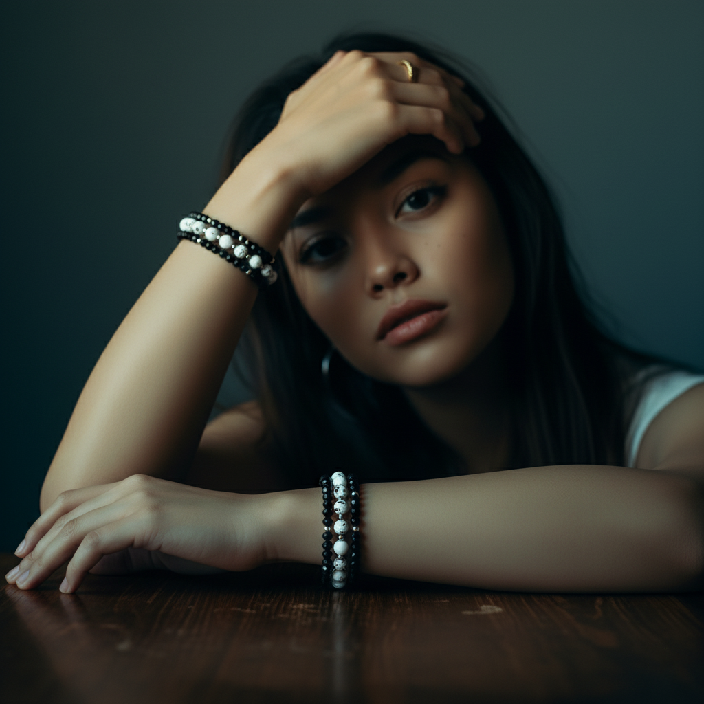 Chic Black Faceted Glass & White Speckle Stone Stackable Bracelet Set of (3)