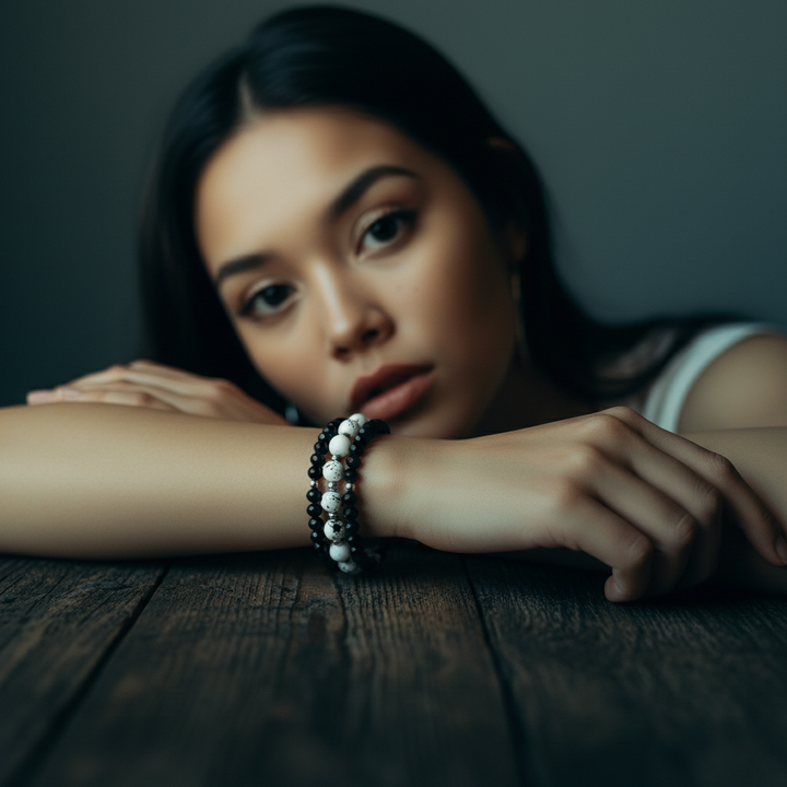 Chic Black Faceted Glass & White Speckle Stone Stackable Bracelet Set of (3)