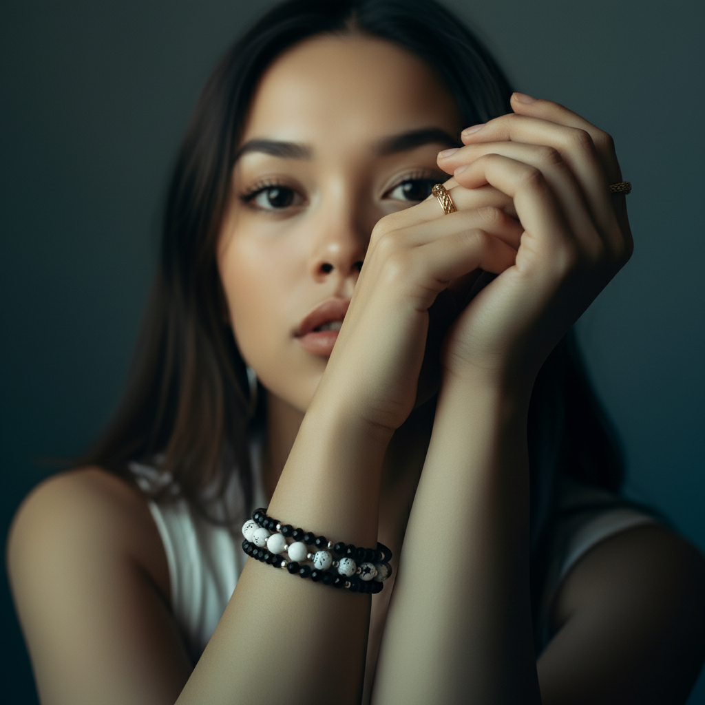 Chic Black Faceted Glass & White Speckle Stone Stackable Bracelet Set of (3)