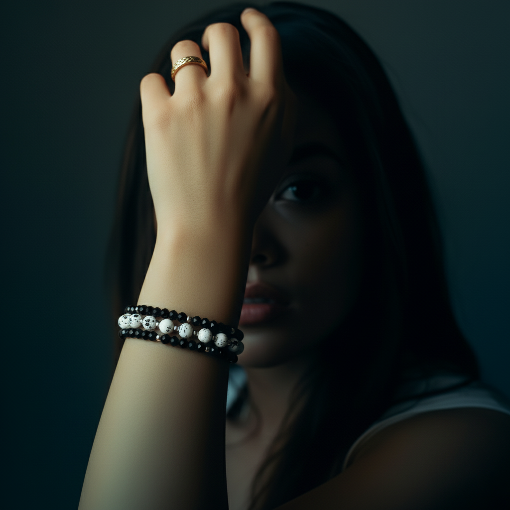 Chic Black Faceted Glass & White Speckle Stone Stackable Bracelet Set of (3)