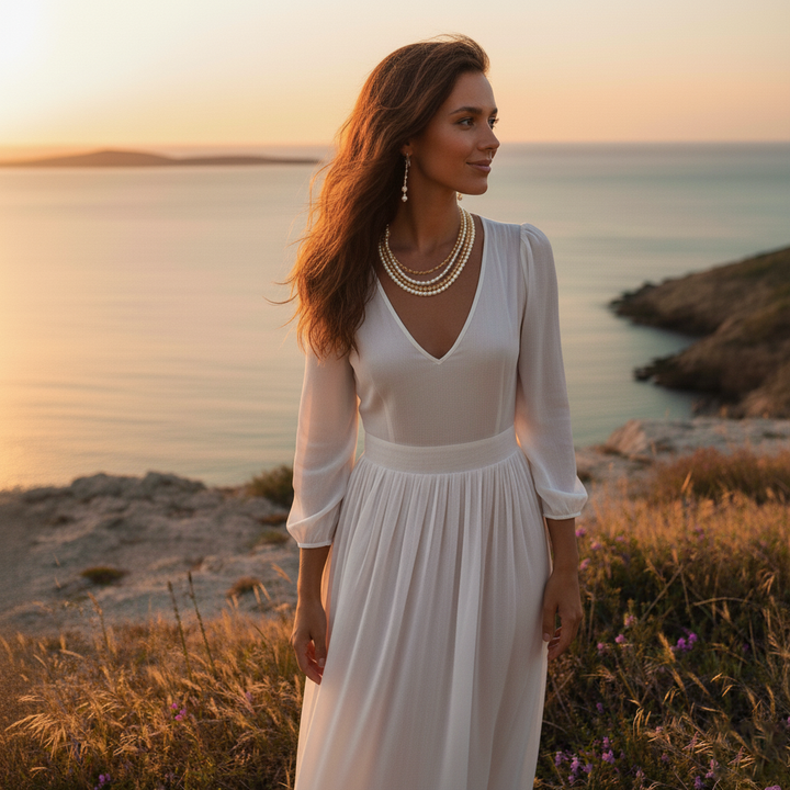 Elegant Layered Pearl & Golden Bead Necklace Set