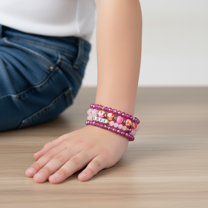Pink & Purple LOVE Word Bead Stacking Bracelet Set (Gift for Her) Set of (4)