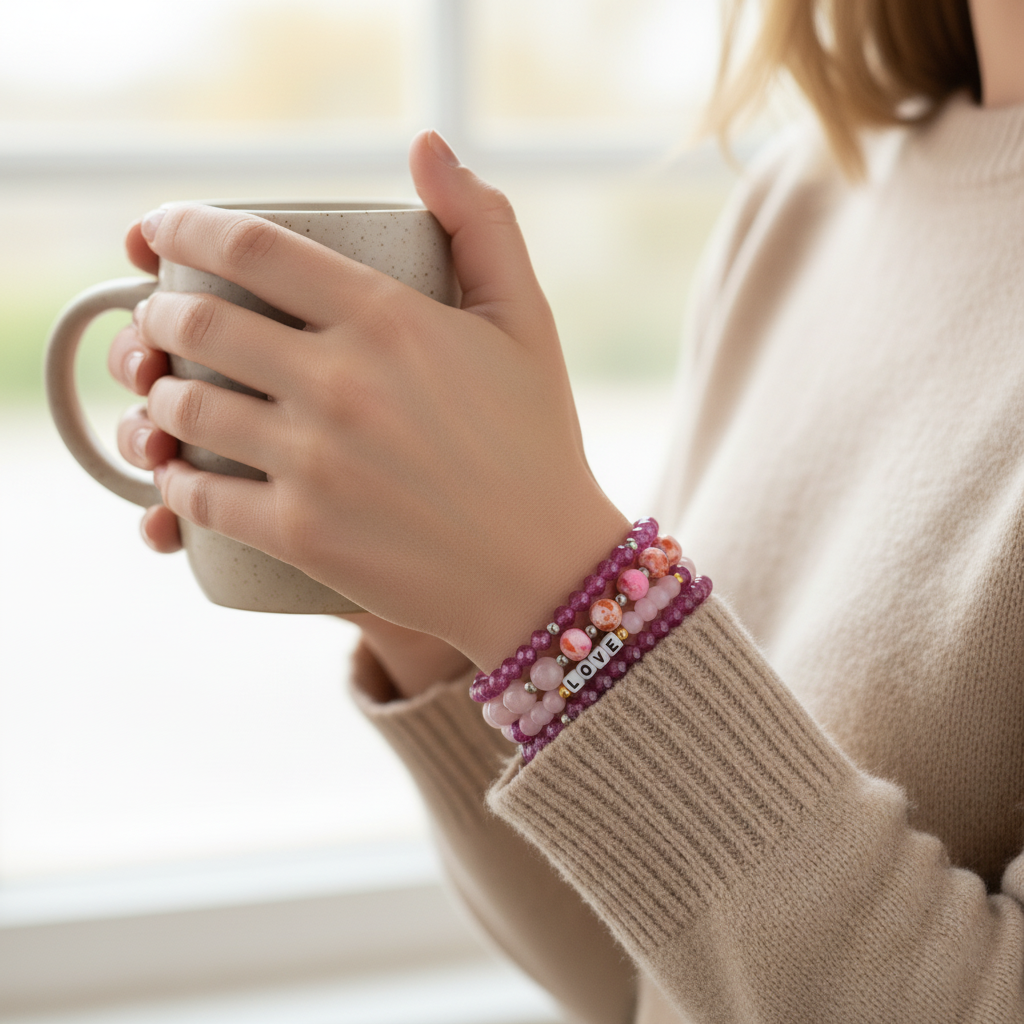 Pink & Purple LOVE Word Bead Stacking Bracelet Set (Gift for Her) Set of (4)