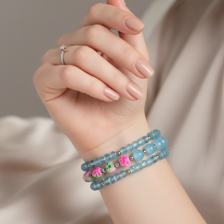 Stackable Aqua Blue Faceted Glass & Multi Color Splatter Bead Bracelet Set (Set of 3)