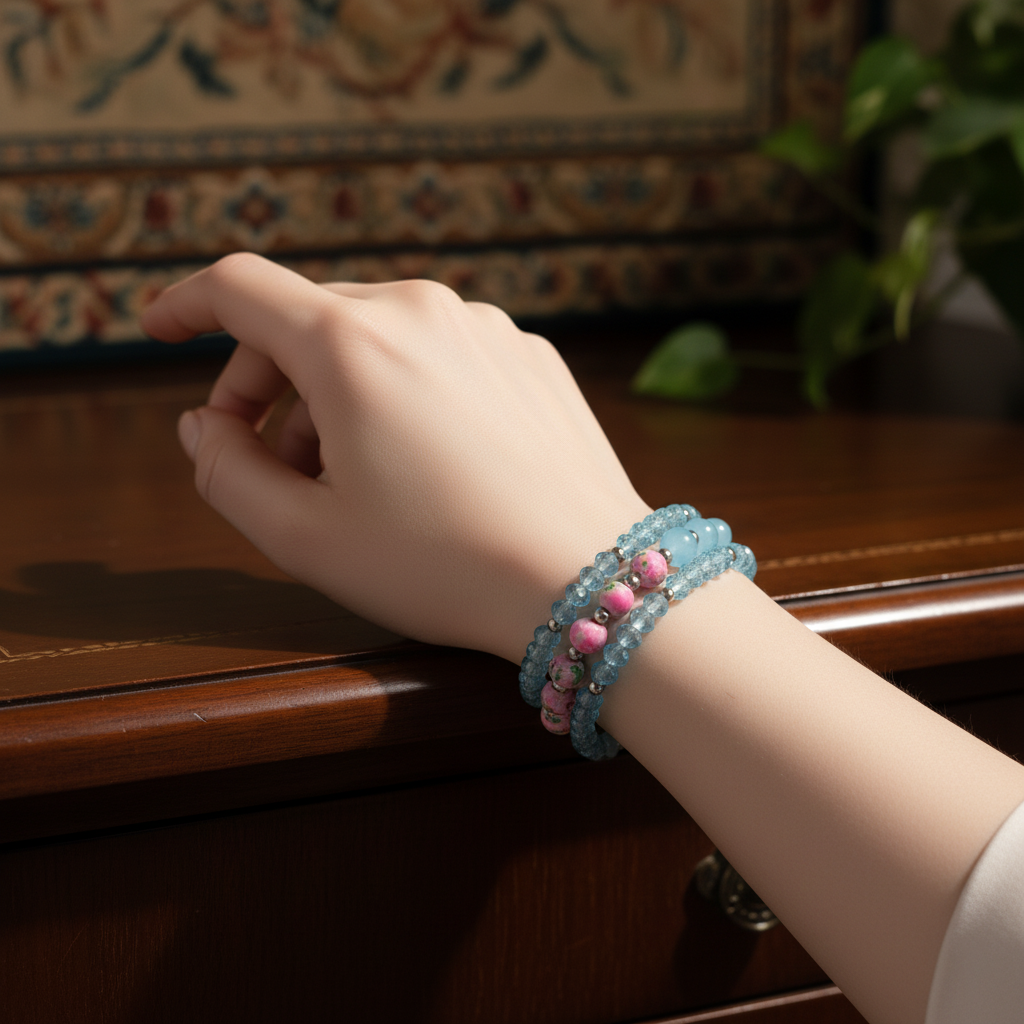 Stackable Aqua Blue Faceted Glass & Multi Color Splatter Bead Bracelet Set (Set of 3)