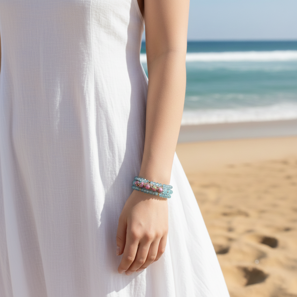 Stackable Aqua Blue Faceted Glass & Multi Color Splatter Bead Bracelet Set (Set of 3)