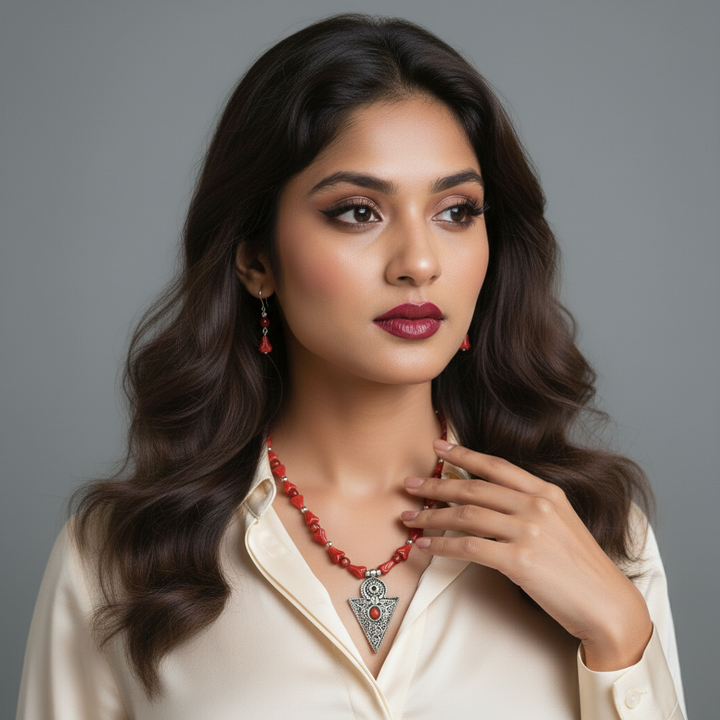 Red Glass Bead Necklace with Oxidized Silver Pendant and Earring Set