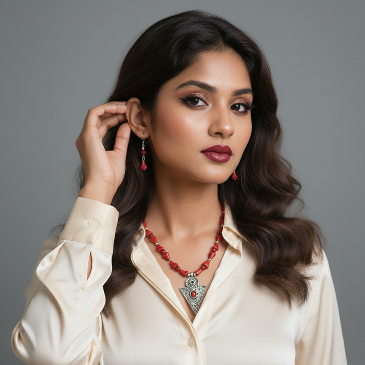 Red Glass Bead Necklace with Oxidized Silver Pendant and Earring Set
