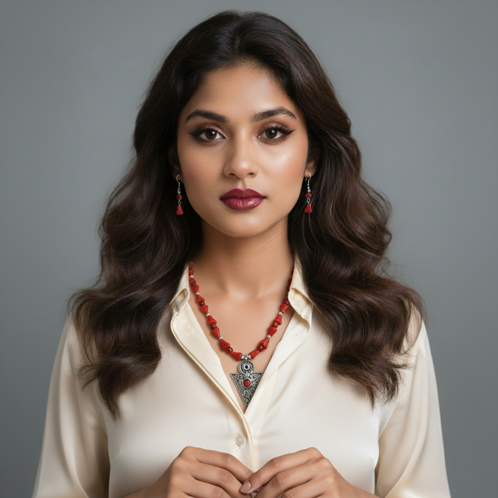 Red Glass Bead Necklace with Oxidized Silver Pendant and Earring Set
