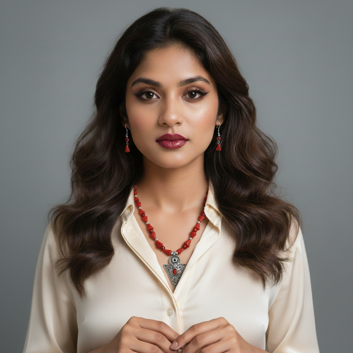 Red Glass Bead Necklace with Oxidized Silver Pendant and Earring Set