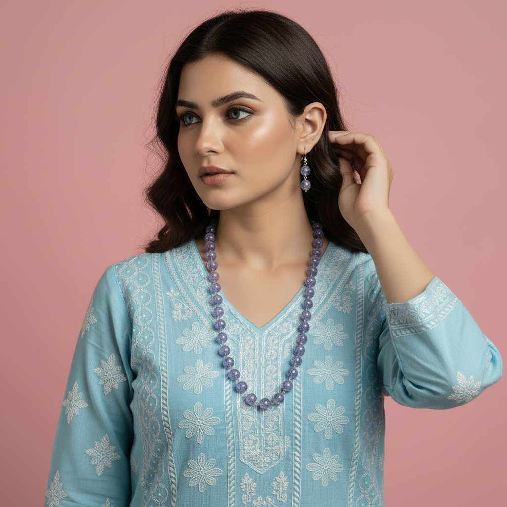 Multi-Strand Purple and Blue Crackled Glass Bead Necklace and Earring Set