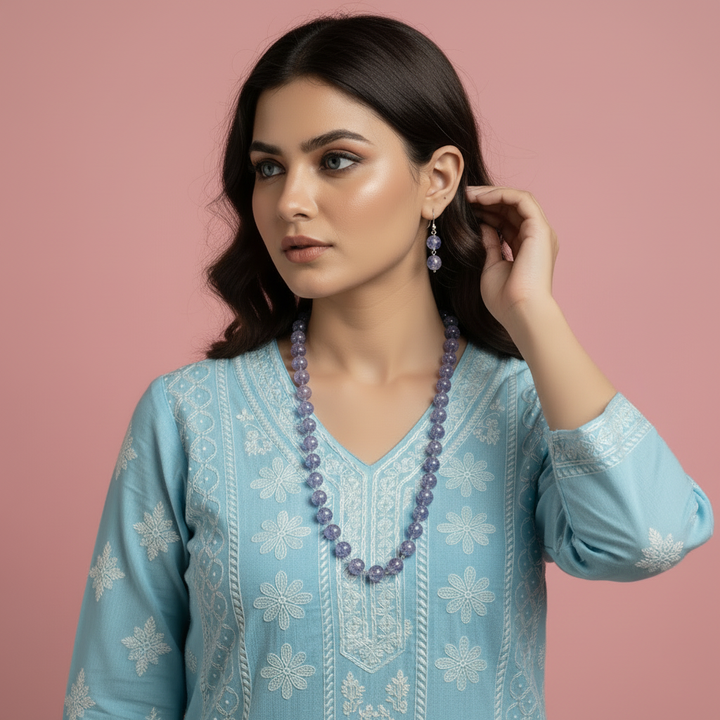 Multi-Strand Purple and Blue Crackled Glass Bead Necklace and Earring Set