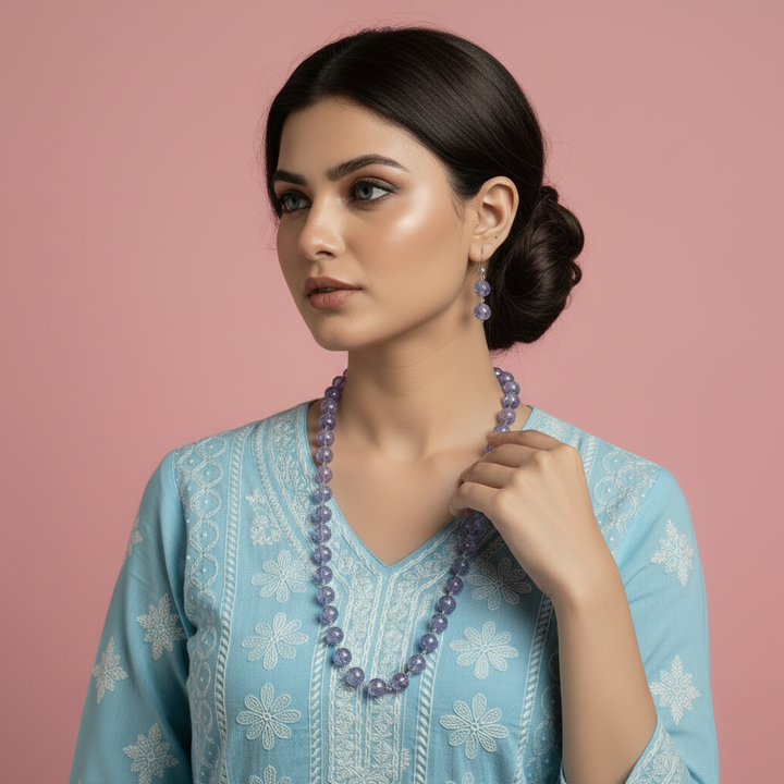 Multi-Strand Purple and Blue Crackled Glass Bead Necklace and Earring Set