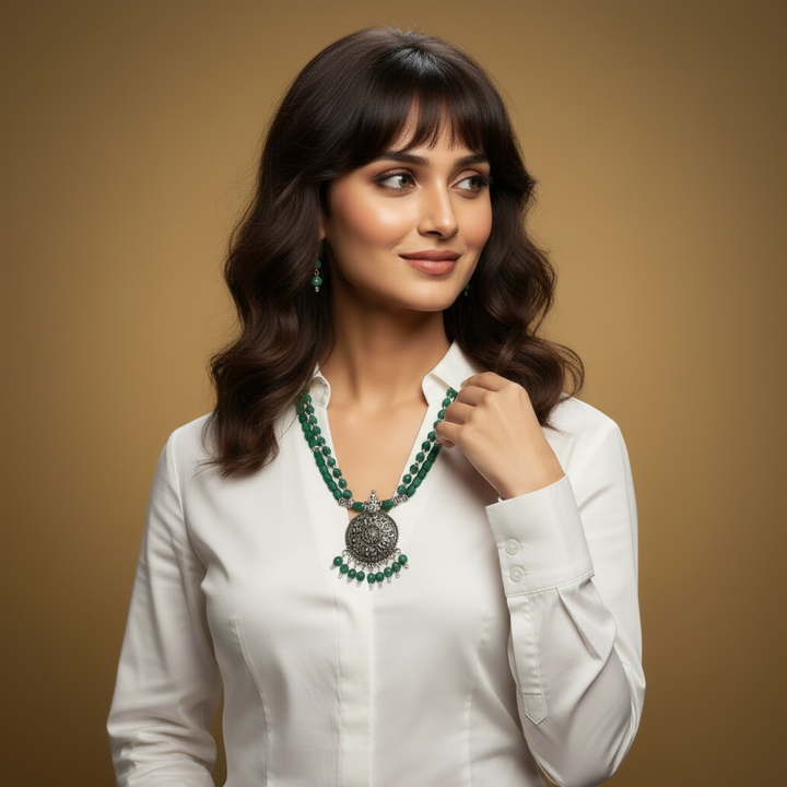 Double-Strand Green Glass Bead Necklace and Earring Set