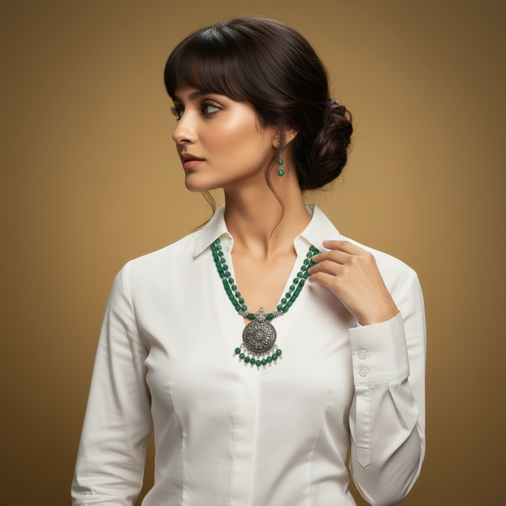Double-Strand Green Glass Bead Necklace and Earring Set