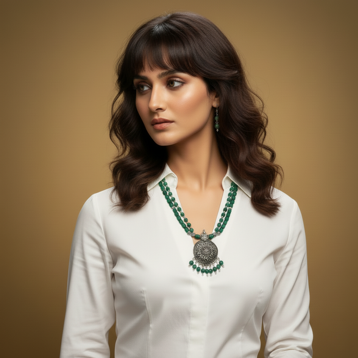 Double-Strand Green Glass Bead Necklace and Earring Set