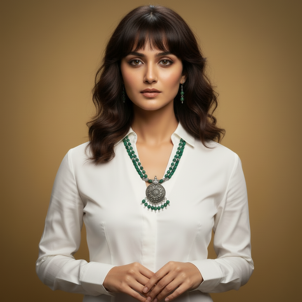 Double-Strand Green Glass Bead Necklace and Earring Set