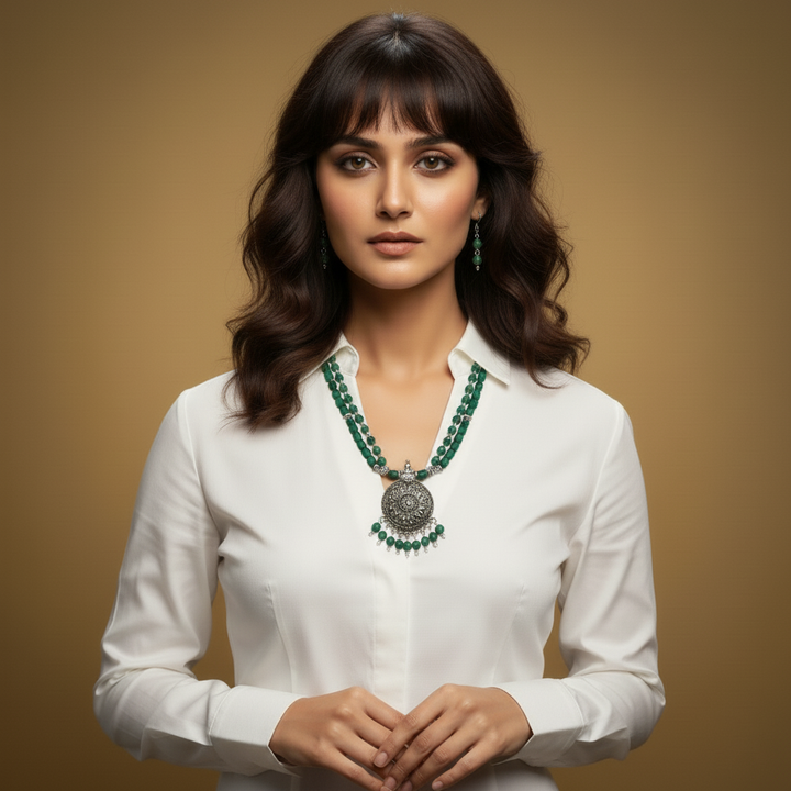 Double-Strand Green Glass Bead Necklace and Earring Set