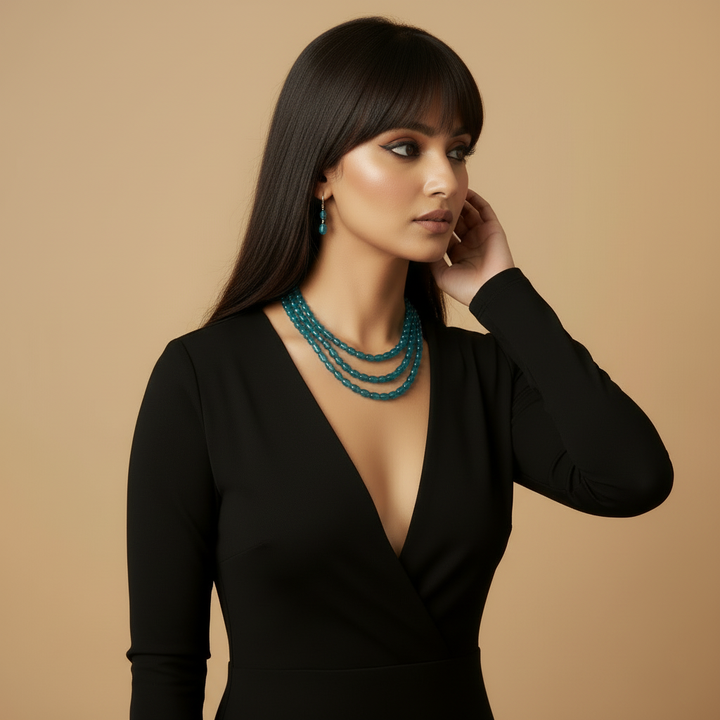 Multi-Strand Teal Faceted Glass Beaded Necklace and Earring Set