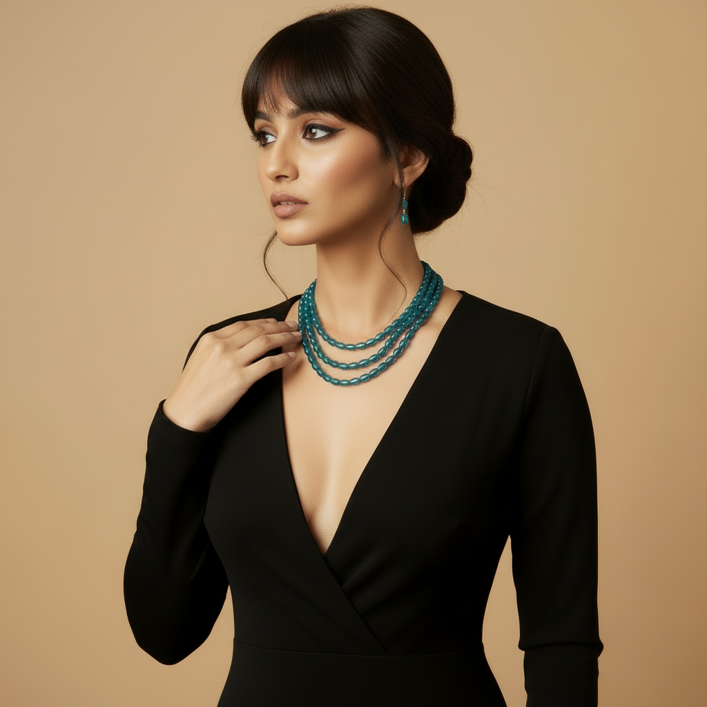 Multi-Strand Teal Faceted Glass Beaded Necklace and Earring Set