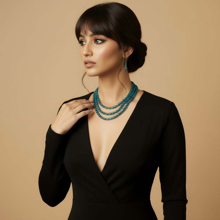 Multi-Strand Teal Faceted Glass Beaded Necklace and Earring Set