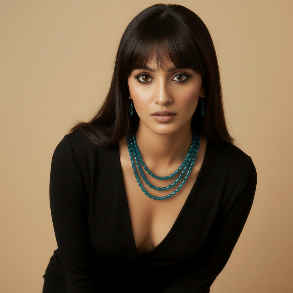 Multi-Strand Teal Faceted Glass Beaded Necklace and Earring Set