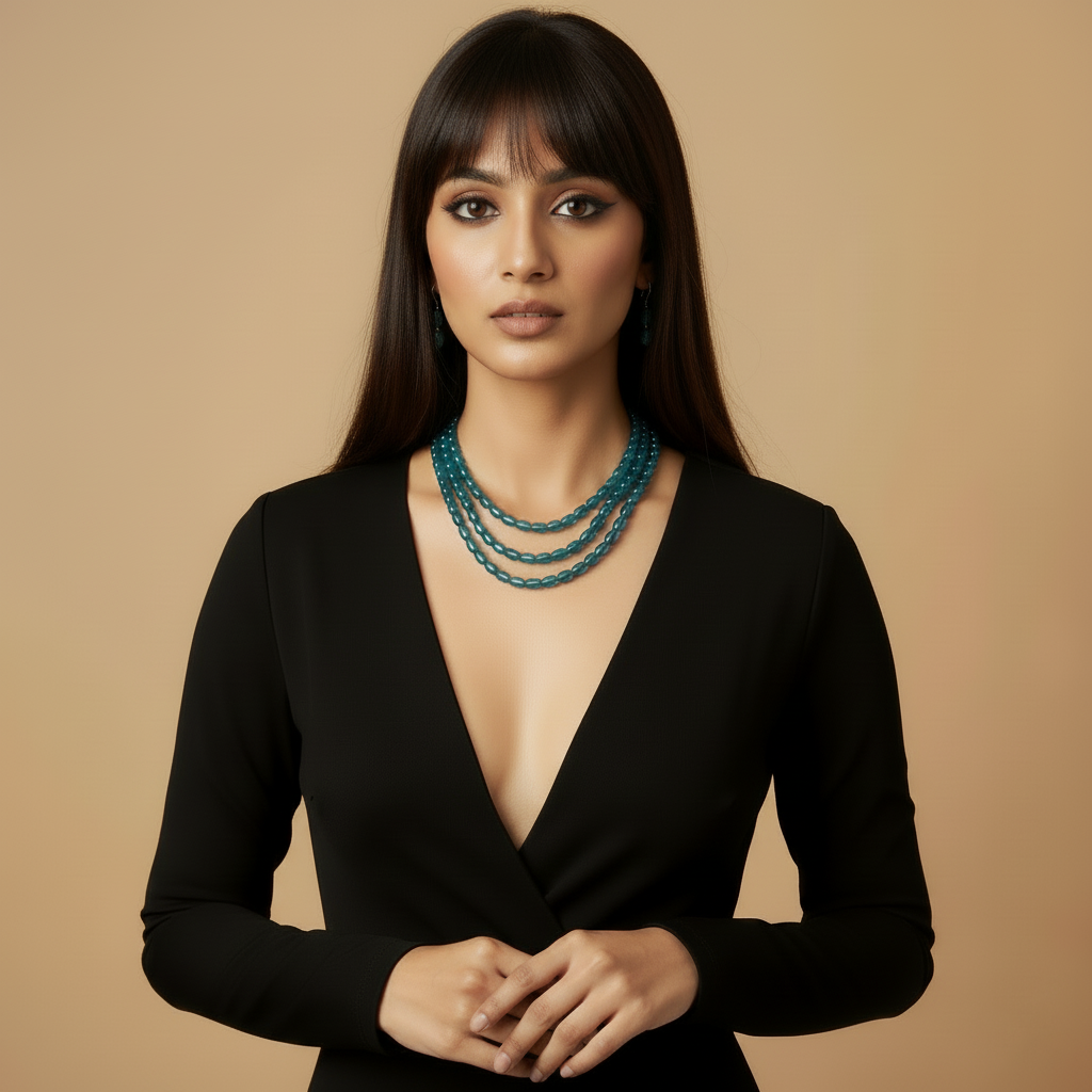 Multi-Strand Teal Faceted Glass Beaded Necklace and Earring Set