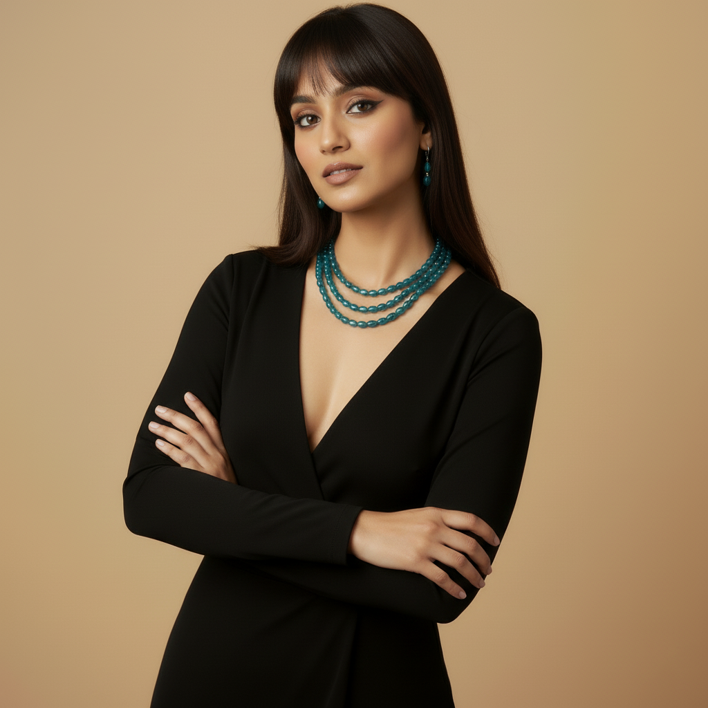 Multi-Strand Teal Faceted Glass Beaded Necklace and Earring Set