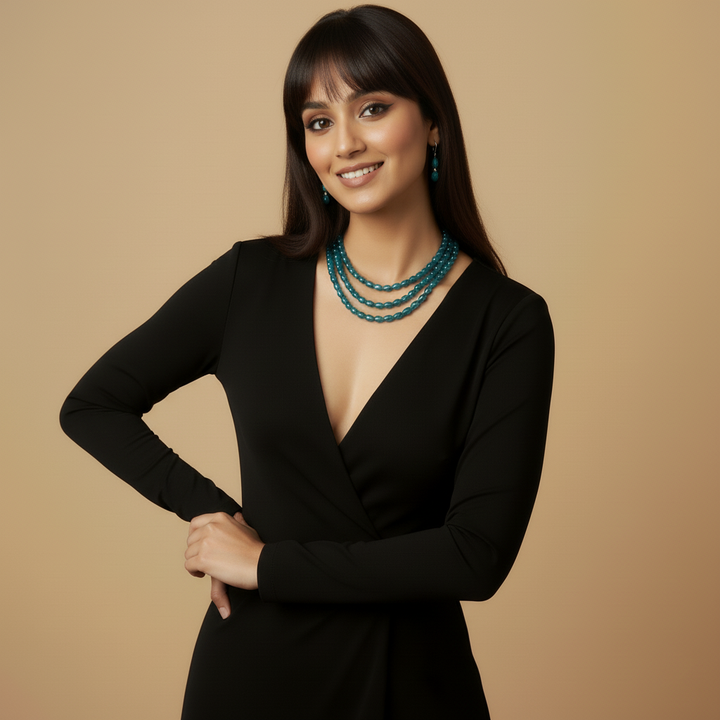 Multi-Strand Teal Faceted Glass Beaded Necklace and Earring Set