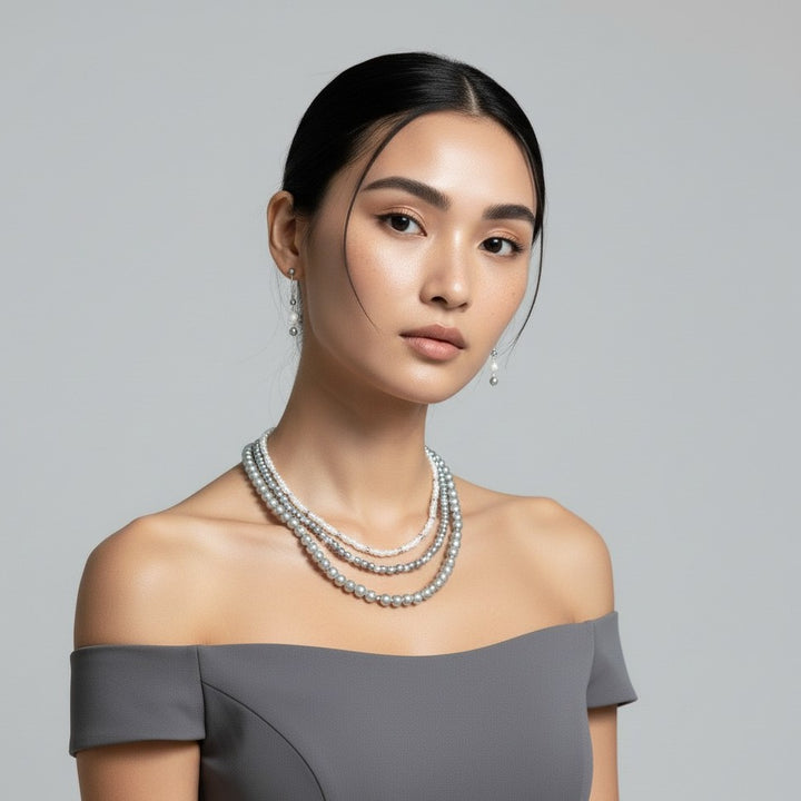 Grey and White Pearl Beaded Necklace and Earring Set