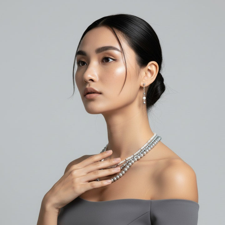 Grey and White Pearl Beaded Necklace and Earring Set